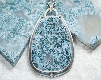 Moss Agate Necklace, Sterling Silver, Oxidized, Rare Blue/Green Type of Moss Agate