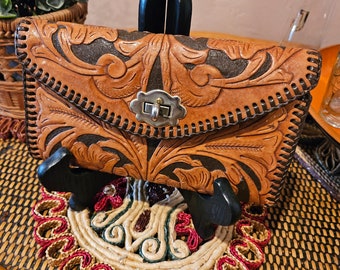 Vintage Handmade Tooled Leather Wallet Clutch Bag