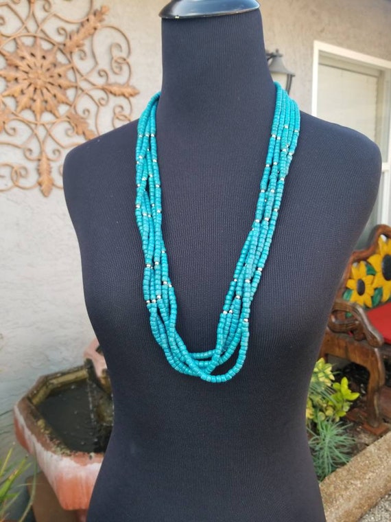 Wooden Turquoise and Silver Beaded Necklace