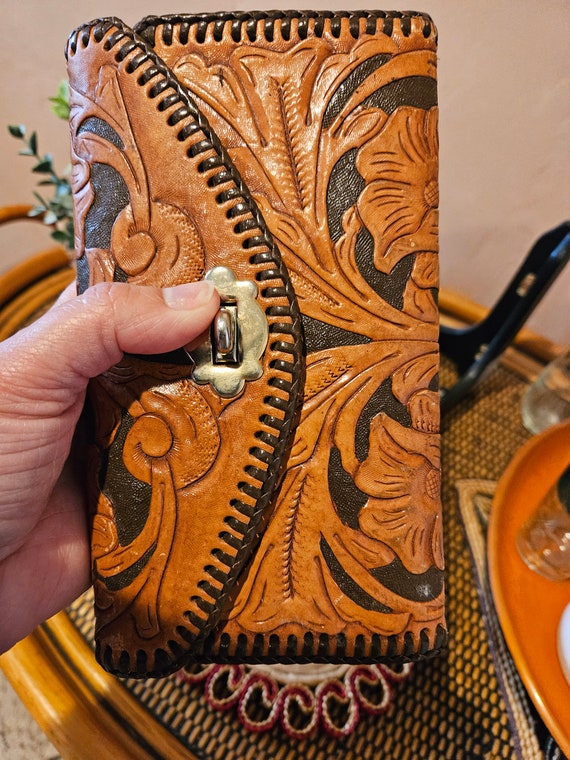 Vintage Handmade Tooled Leather Wallet Clutch Bag - image 2