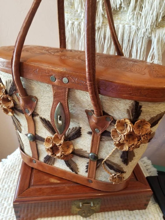 1940s-50s Handmade Woven & Tooled Leather Floral H