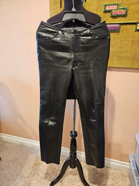 Vintage 80's Black Leather Pants, High Waisted, Tapered Fit