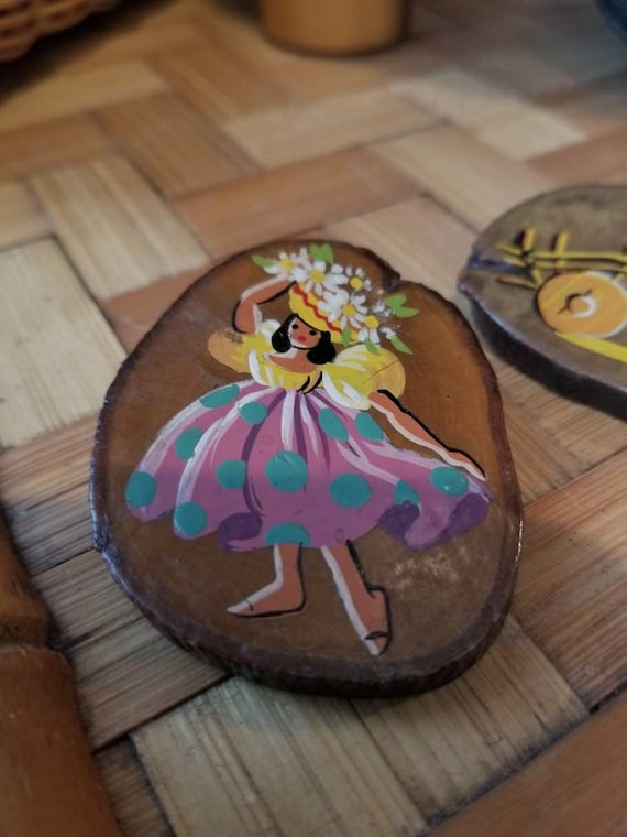 Two Vintage Wooden Handpainted Brooches