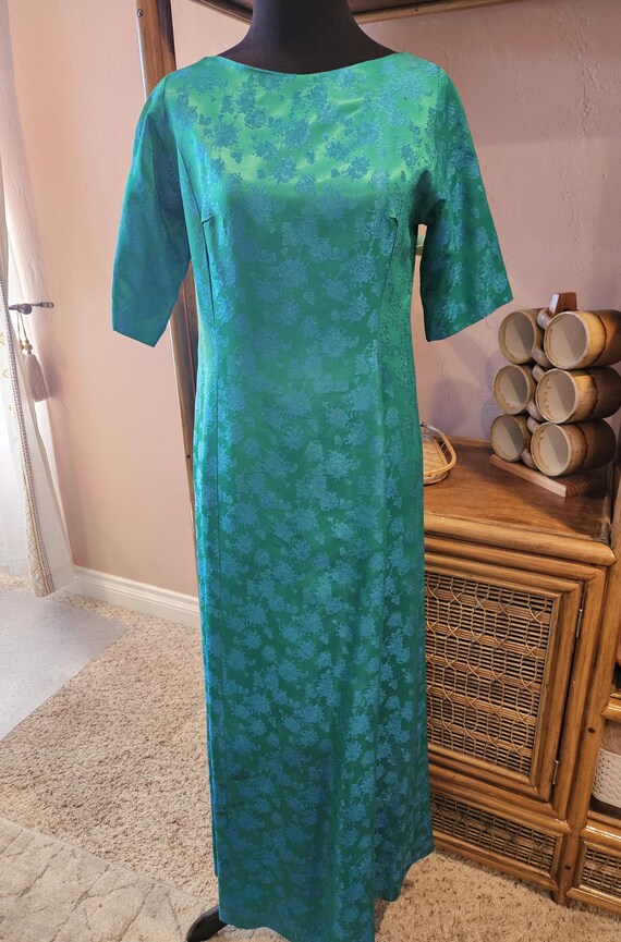 Vintage Pikake Satin Damask Maxi A-Line Dress- Mcm