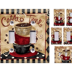May include: A set of light switch covers featuring a stack of coffee cups with the text "Coffee Time". The design is in a vintage style with brown, red, black, and white colors.