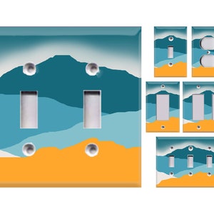 May include: Set of six light switch and outlet covers featuring a teal, blue, and orange abstract landscape design. The covers are made of durable plastic and are easy to install.