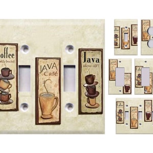 May include: Set of six light switch covers featuring a coffee theme. The covers have a beige background with brown accents and feature illustrations of coffee cups and the words "Coffee", "Java Cafe", and "Java always hot".