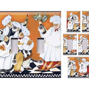 May include: A set of six light switch and outlet covers featuring a colorful illustration of chefs in a kitchen. The covers are made of durable plastic and are easy to install.