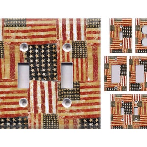 May include: Set of six light switch covers featuring a distressed American flag design. The covers are in various sizes and configurations, including single and double switch plates.