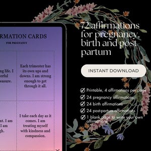 72 tarjetas de afirmación para el embarazo, el parto y el posparto. Descarga instantánea.