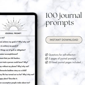 100 Journal Prompts for Beginners. Self-Discovery, Personal Development. Printable Resource. Instant Download. Journal Sheets Included.