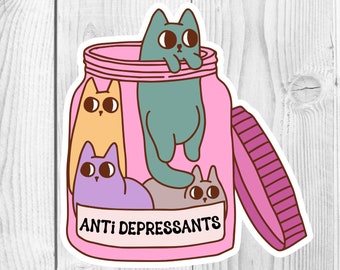 Antidepressant Cat Bottle 3" UV-Resistant Sticker, Water Bottle, Laptop Sticker, Cat Sticker