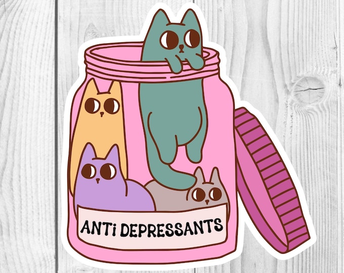 Antidepressant Cat Bottle 3" UV-Resistant Sticker, Water Bottle, Laptop Sticker, Cat Sticker