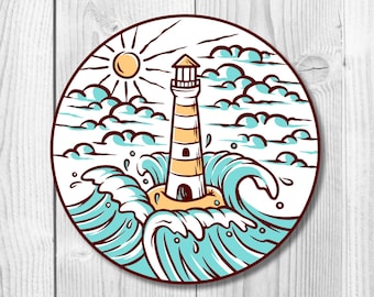 Round Lighthouse with Waves 3" UV-Resistant Sticker, Water Bottle, Laptop Sticker, Nautical Sticker