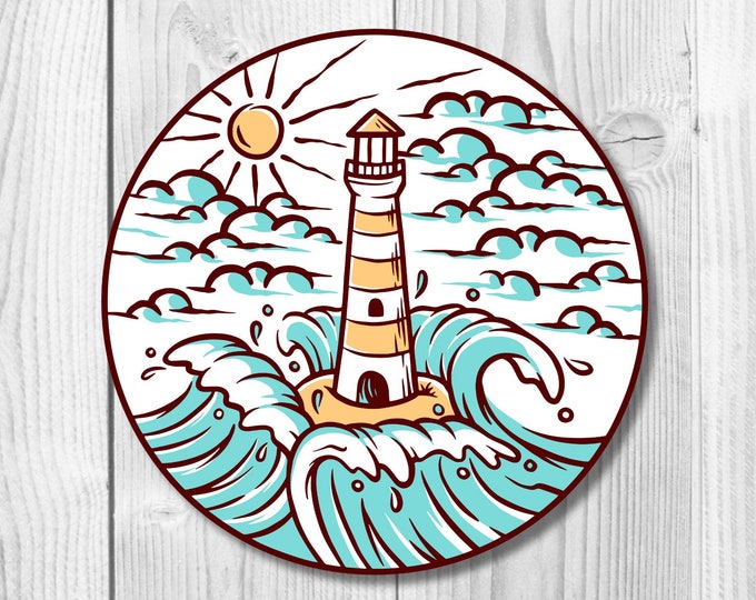 Round Lighthouse with Waves 3" UV-Resistant Sticker, Water Bottle, Laptop Sticker, Nautical Sticker