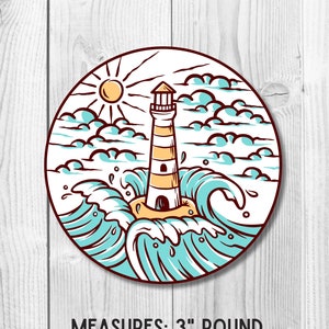 Round Lighthouse with Waves 3&quot; UV-Resistant Sticker, Water Bottle, Laptop Sticker, Nautical Sticker