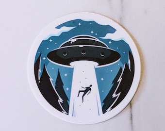 2" Alien Abduction Round UV-Resistant Sticker, UFO Sticker, Spaceship Sticker, Water Bottle, Laptop Sticker