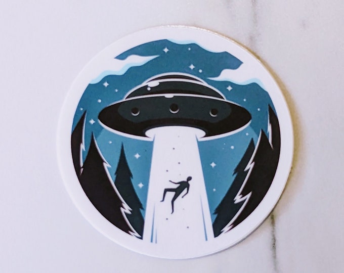 2" Alien Abduction Round UV-Resistant Sticker, UFO Sticker, Spaceship Sticker, Water Bottle, Laptop Sticker