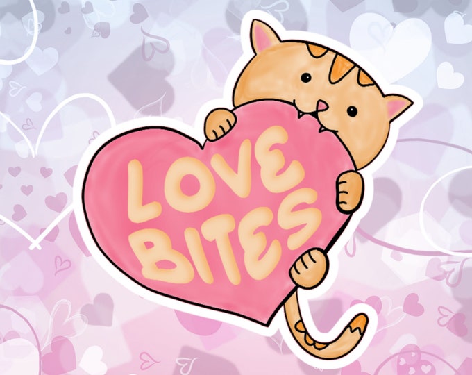 Love Bites Cute Cat Vinyl Die-Cute Sticker, Anti-Valentine Sticker, Kitten Sticker, Water Bottle Sticker, Laptop Sticker