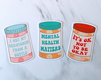 Mental Health Medicine Pill Bottles 3" UV-Resistant, Vinyl Die-cut Sticker, Water Bottle Sticker, Waterproof Sticker