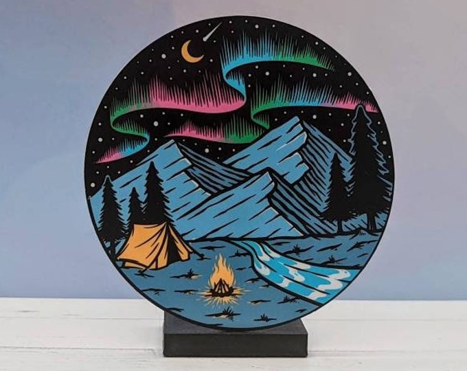 Northern Lights Camping Die-Cut Waterproof Vinyl Sticker, Laptop Sticker, Water Bottle Sticker, Astronomy, Stars, Nature, Camping