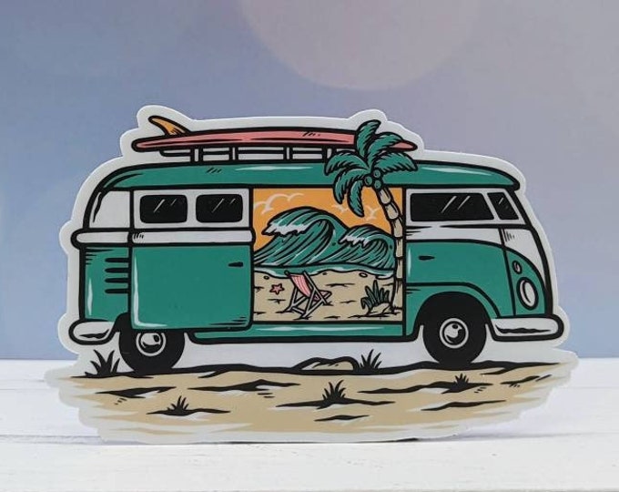 Retro Camper Van with Surfboard on the Beach Vinyl Sticker, Ocean, Wave, Beach, Laptop Sticker, Water Bottle Sticker