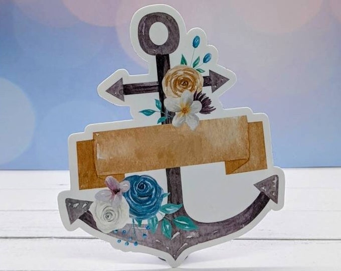 Floral anchor sticker, flower sticker, nautical laptop sticker, water bottle sticker, name sticker, customizable sticker