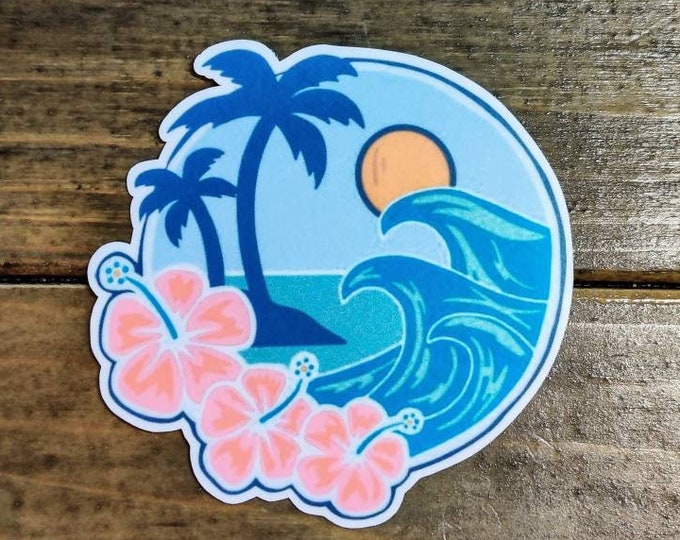 Tropical waves sticker, ocean sticker, hibiscus decal, palm trees, laptop sticker, water bottle