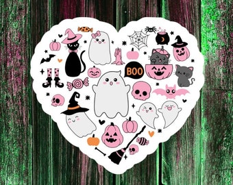 Pink Halloween Doodles Sticker, Cute Halloween Vinyl Die Cut Sticker, Laptop Sticker, Water Bottle Sticker