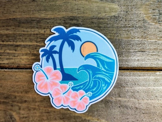 Tropical waves sticker, ocean sticker, hibiscus decal, palm trees, laptop sticker, water bottle