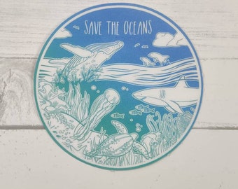 Ocean Vinyl Sticker, Cute Save the Oceans, Water Bottle Sticker, Die-cut Sticker, Waterproof Sticker