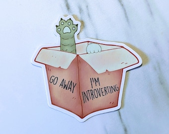Go Away I'm Introverting Cat in Box  3" UV-Resistant, Vinyl Die-cut Sticker, Water Bottle Sticker, Waterproof Sticker