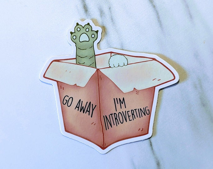 Go Away I'm Introverting Cat in Box  3" UV-Resistant, Vinyl Die-cut Sticker, Water Bottle Sticker, Waterproof Sticker