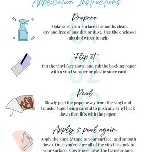 May include: A step-by-step guide on how to apply a vinyl decal. The instructions include preparing the surface, flipping the decal, peeling the backing paper, and applying the decal. The image features a blue spray bottle, a vinyl decal, and a transfer tape.