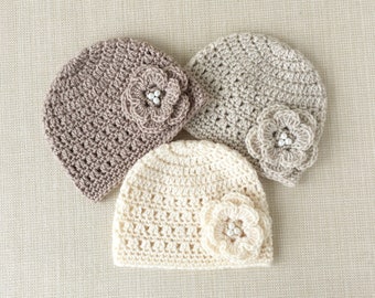 Newborn girl hat with flower, 25 colors Hand crochet baby girl beanie, New born Photo props 0-3 month old