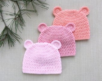 Baby girl bear hat, Newborn girl hat, Crochet baby beanie with ears for coming home outfit or first pictures, New born girl hospital hats