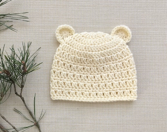 Crochet baby hat, Newborn hat with bear ears, Newborn girl beanie, Baby girl bear hat, Wool winter infant hat for coming home from hospital