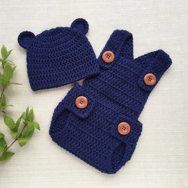 Newborn boy photo outfit, Blue baby romper and hat with ears, Bear newborn outfit, Coming home baby boy clothes 0-3 months New born boy gift