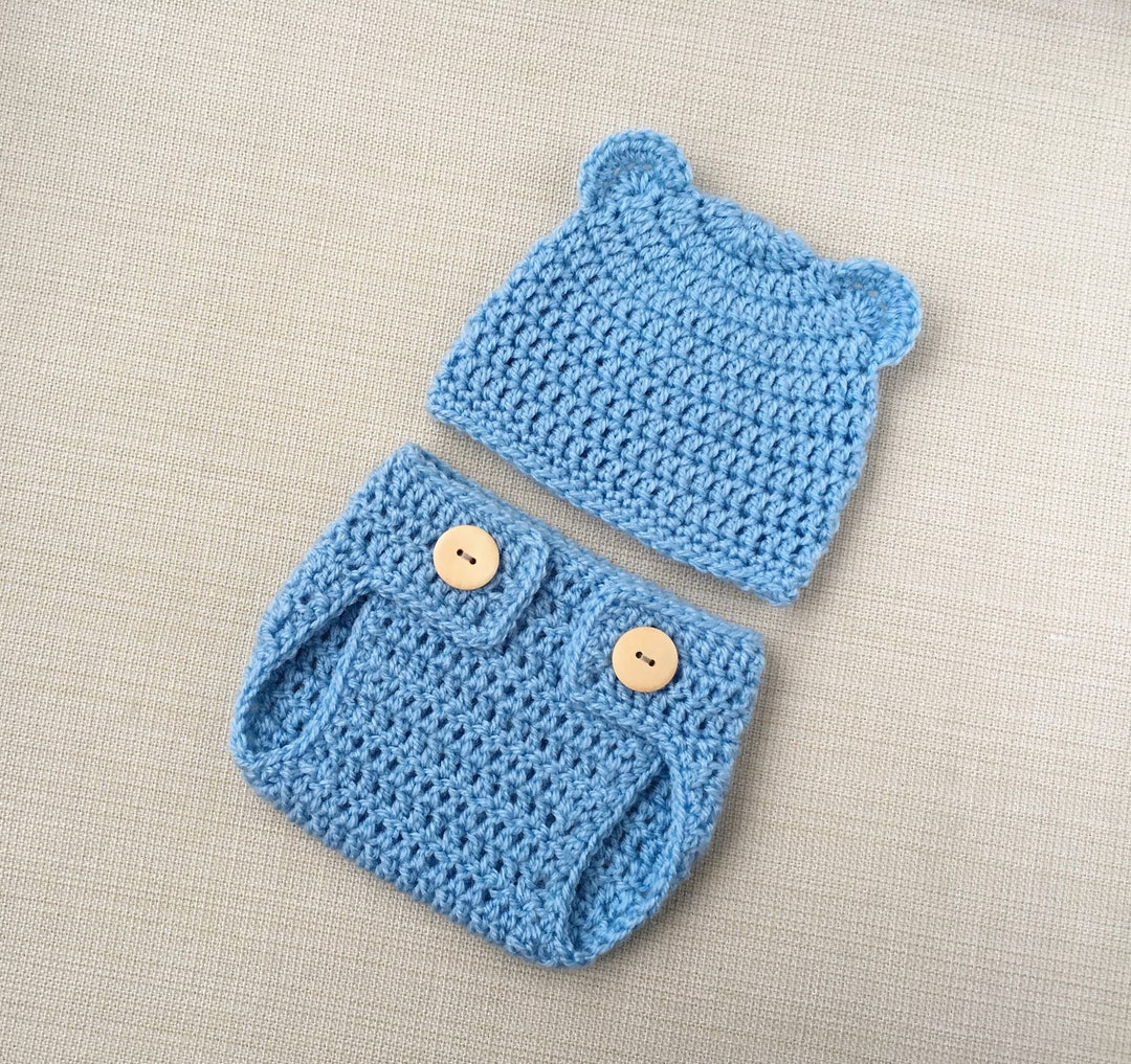 Baby Boy Bear Outfit. Light Blue Crochet Hat and Diaper Cover Set