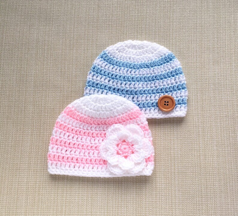 unique new born gift idea pink and white striped newborn photo prop cap Light blue Twin baby hats 0-3 month boy and girl crochet beanies