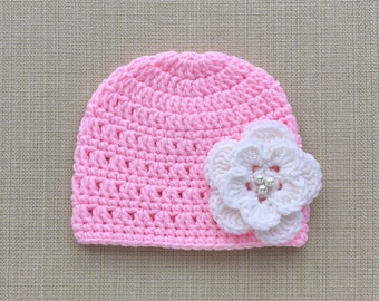 Pink baby hat with flower, Newborn girl hat, Crochet baby hats for girls going home outfit or first hospital pictures, Baby girl beanie