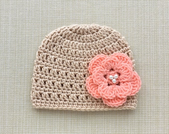 Newborn baby girl hat with flower, Soft hand crochet infant beanie, New born girl hat for coming home from hospital, First picture props