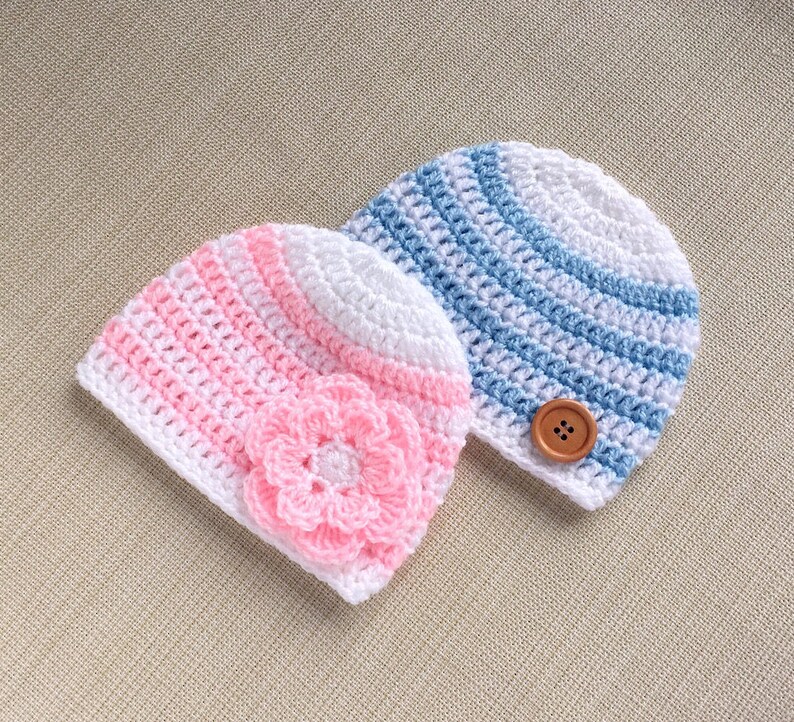 unique new born gift idea pink and white striped newborn photo prop cap Light blue Twin baby hats 0-3 month boy and girl crochet beanies