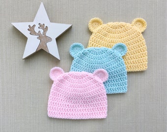 Crochet baby hat with ears for boy or girl, Coming home from hospital newborn beanie 0 - 6 months old Infant bear hat, First Christmas gift