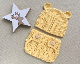 Newborn coming home outfit, Gender neutral baby bear outfit for newborn pictures, New born girl photo outfit, Baby boy hat and diaper cover