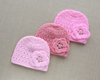Pink newborn hat, Baby girl hat with flower, Coming home hat for girl, Newborn girl beanie, Pregnancy reveal to grandparents, New baby gift