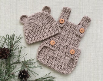 Baby boy picture outfit, Newborn boy romper and hat with ears, Baby bear crochet clothes for photos, New born boy photography outfit