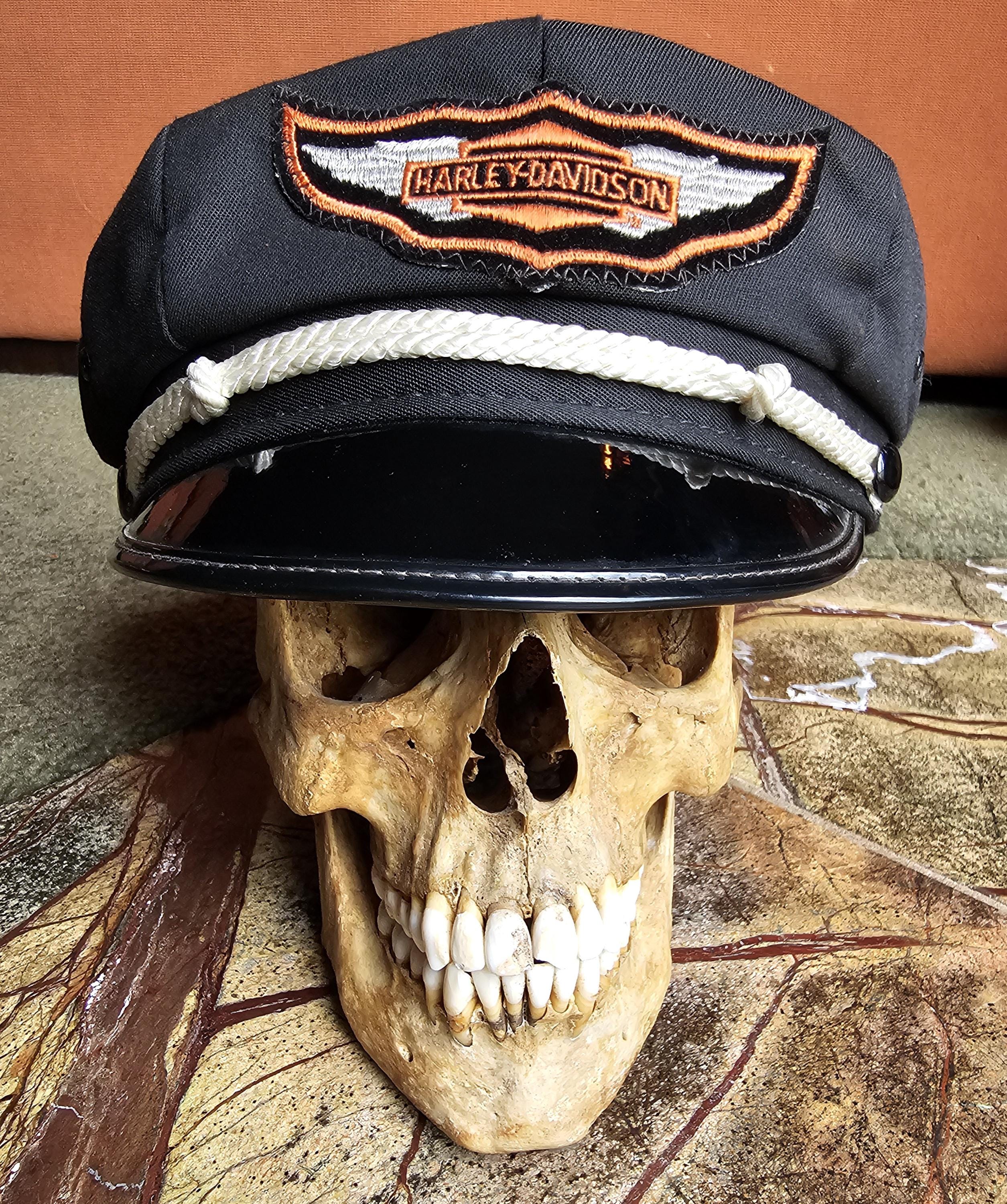Vintage Harley Davidson Black Leather Captain Logo Biker Cap