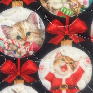 Cat Christmas Quilt, Kittens in ornaments on warm Flannel backing,  quilted design is walking cats, Paw prints on reverse side, Handmade !