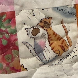 May include: Close-up of a patchwork quilt with various fabric squares. The quilt features a mix of colors, including pink, orange, and white. Some squares have cat illustrations with the text "Two Caterwauling Cats" and "Two Complacent Cats". The quilt has a quilted pattern.